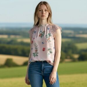 Express Floral Lace Shoulder Blouse XS Pink Sleeveless Feminine Cottagecore